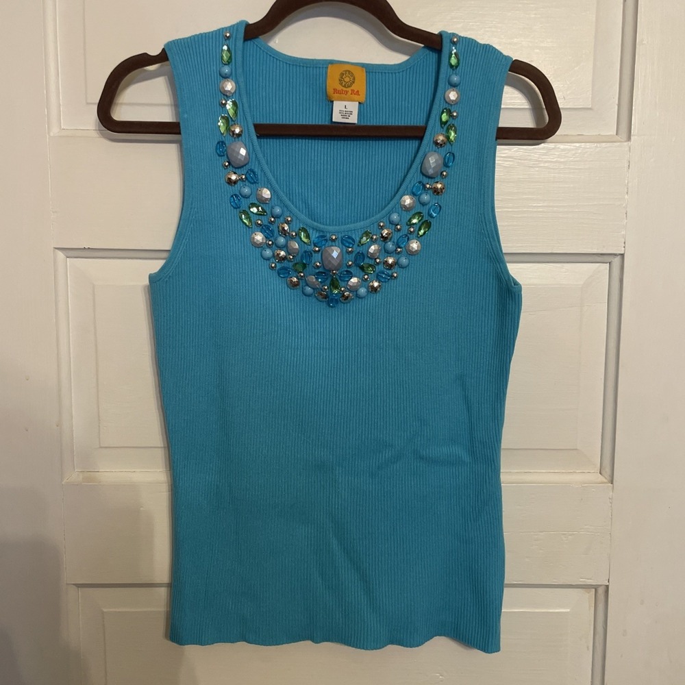 Bejeweled Ribbed Teal Tank Top | Ruby Red Large | Sleeveless‎